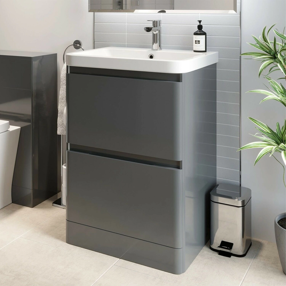 600mm Grey Vanity Sink Unit Ceramic Basin Bathroom Drawer Storage Furniture