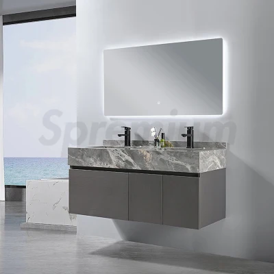 Grey Color Modern New Design Wall Mounted Mirror Bathroom Vanity MDF Cabinet with Rock Plate Basin and Marble Top Customized